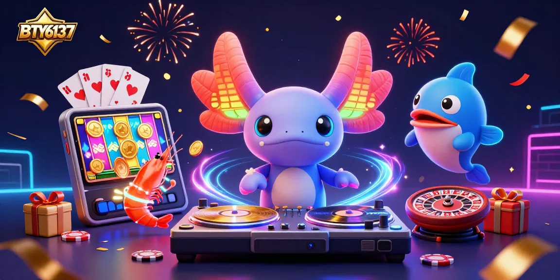 BTY6137 showcases an axolotl DJ spinning vibrant reels, enhancing thrilling gameplay vibes.