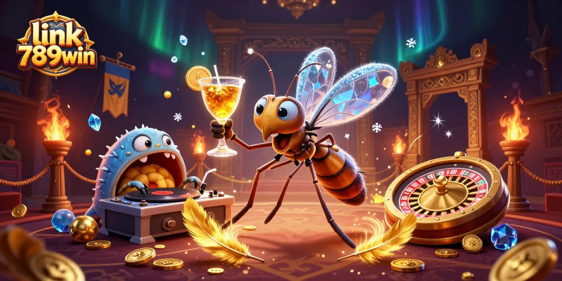Engage in thrilling gaming with link 789win featuring a lively scene of a mosquito mascot, trilobite DJ, and golden roulette.