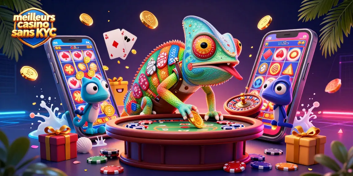 Découvrez les meilleurs casinos sans KYC avec une illustration colorée et dynamique de jeux.