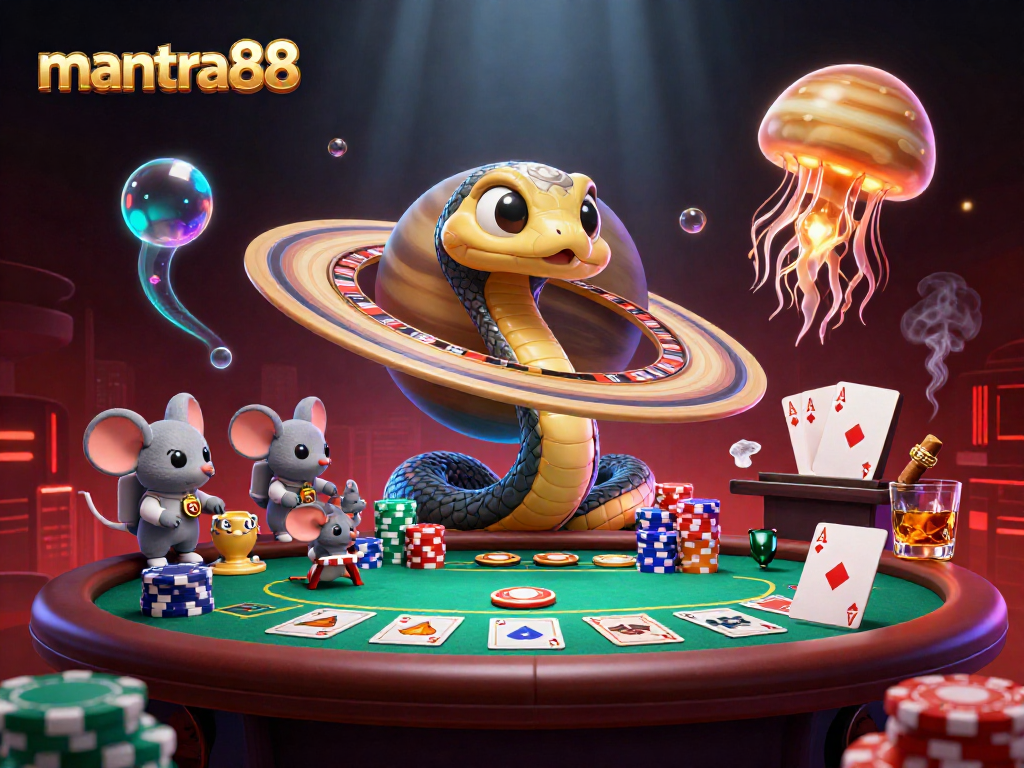 Experience mantra88 gaming with vibrant 3D casino action featuring astronaut mice and a cosmic dealer.