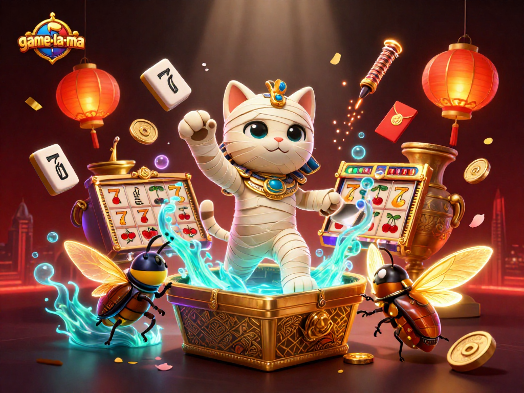 Watch the game-la-ma Egyptian mummy cat burst into action in a vibrant casino scene with thrilling game elements.