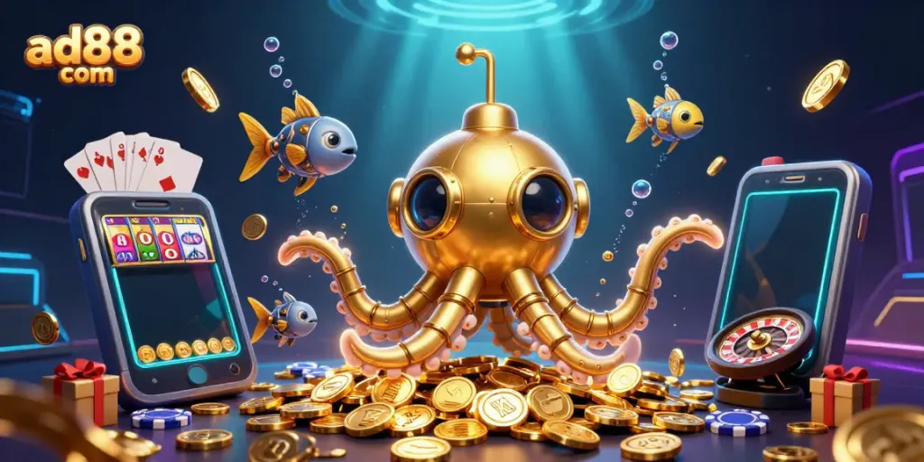 Engage in casino action with ad88 com featuring a golden kraken submarine amidst golden coins and slot games.
