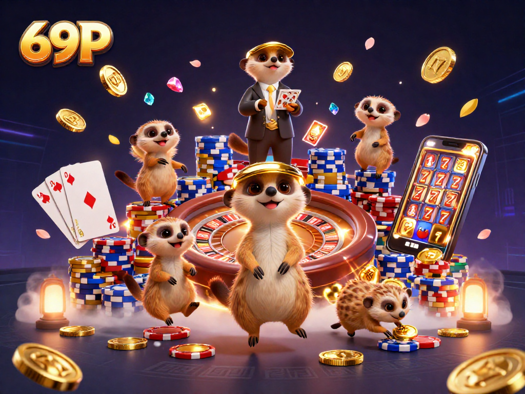 Meerkats animados em um cassino 69P, jogando fichas e ganhando prêmios.