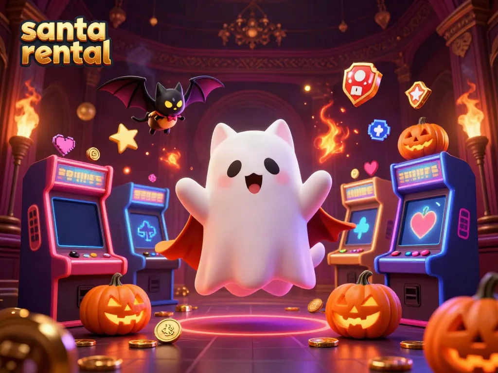 Engage in the festive spirit with a dazzling Santa rental casino scene featuring a ghost cat and vampire bat.