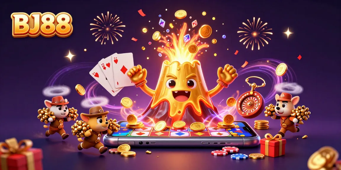 Experience the excitement of BJ88, featuring a triumphant volcano erupting coins amid a vibrant casino scene.