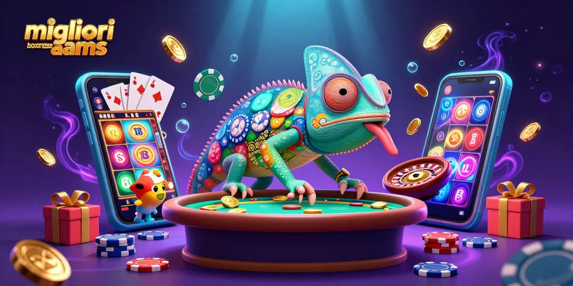 Immagine che mostra i migliori bookmaker non AAMS con una lucertola chameleon casinò e simboli di gioco.