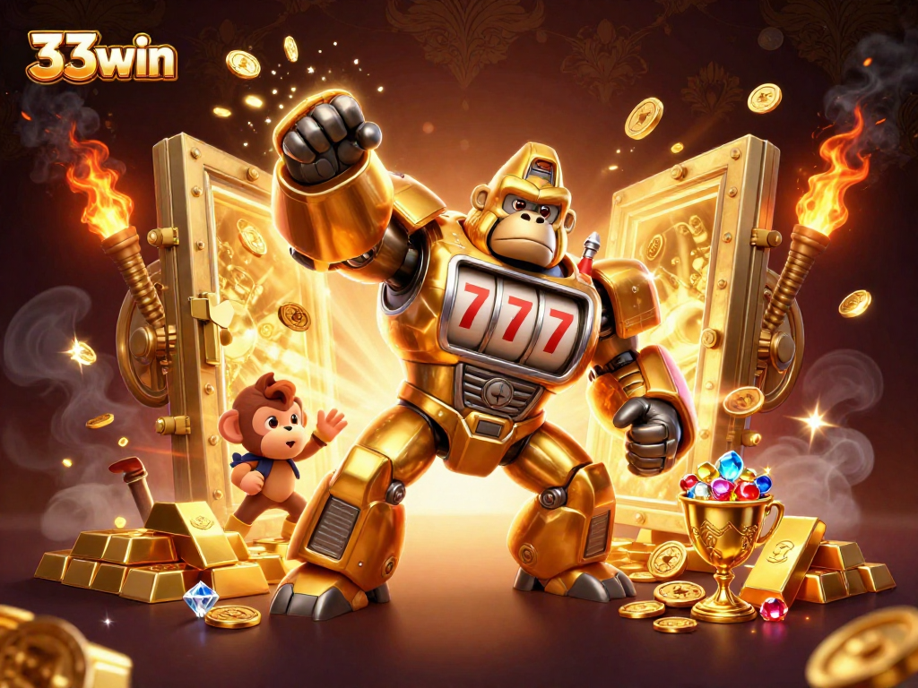 Join the fun with 33win's thrilling casino mech adventure featuring a golden gorilla!