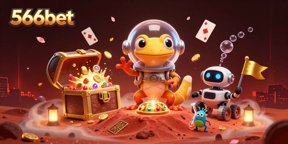 Engage with thrilling gameplay at 566bet with a Martian gecko discovering a golden casino.