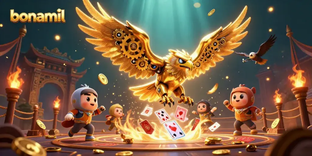 Permainan slot online Bonamil menampilkan karakter elang emas siber dengan elemen kartu bermain holografik yang mendebarkan.