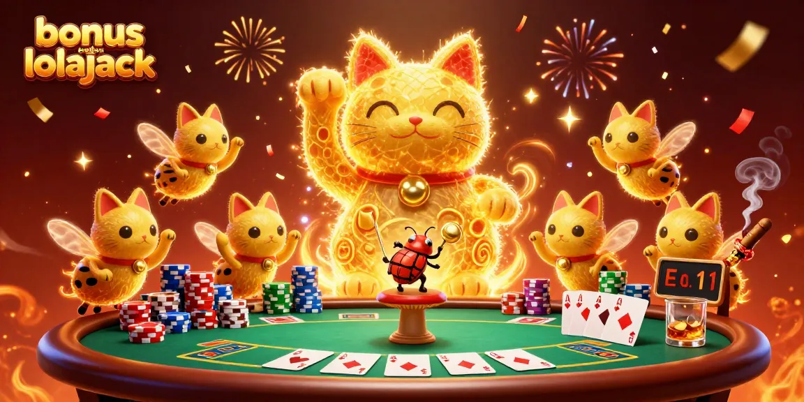 Profitez du bonus de casino Lolajack avec une illustration dynamique des feux follets dorés et des symboles de jeu