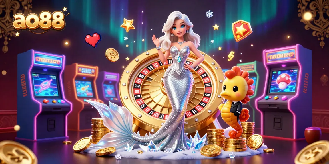 Spin the golden roulette wheel with ao88 while surrounded by colorful casino elements and a cute seahorse.