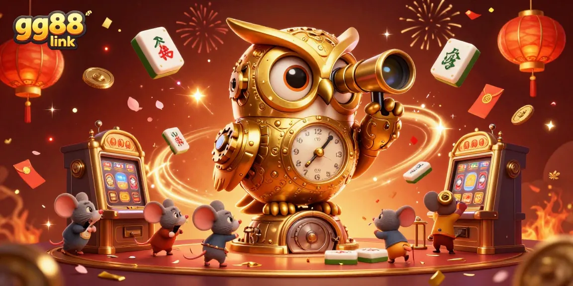 Join the fun at GG88 link with a lively casino scene highlighted by a golden owl and mouse patrons.