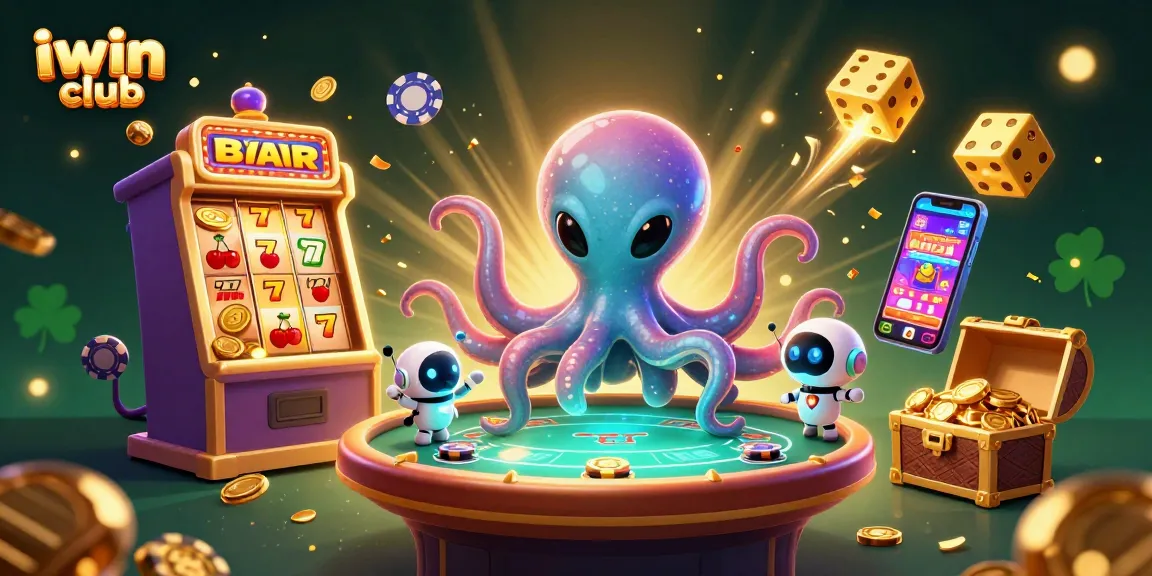 Engage in thrilling gameplay at iwin club with an alien octopus and robot companion in a vibrant casino scene.