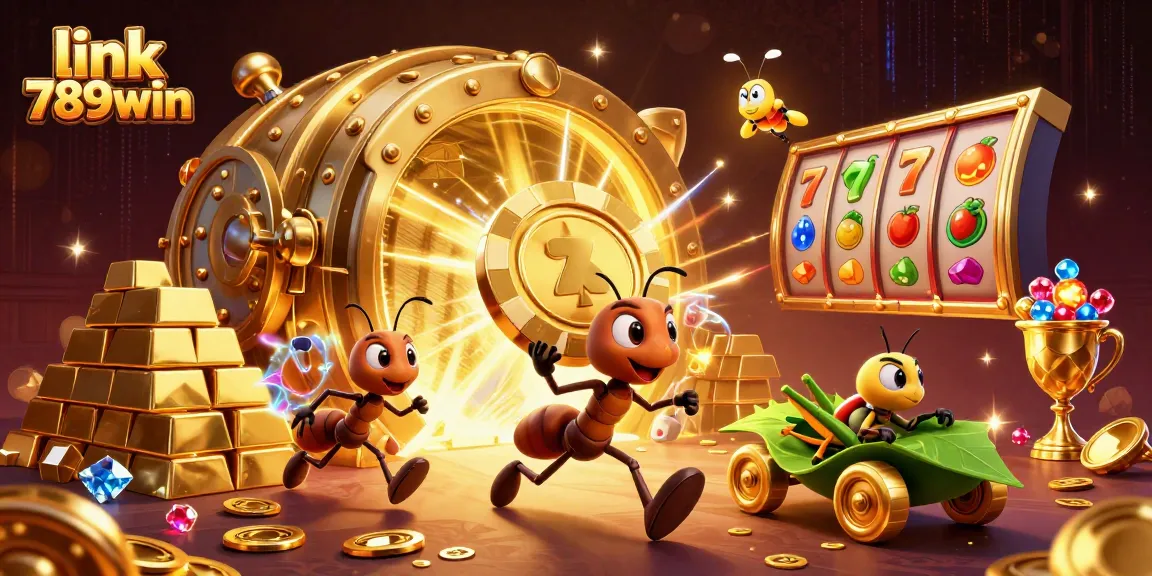 Gamble with link 789win as cartoon ants capture a giant poker chip in a vibrant casino heist scene.