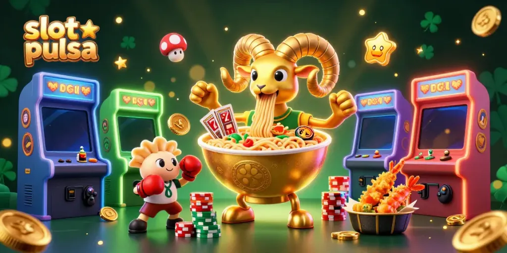 Ilustrasi kasino 3D berwarna-warni dengan slot pulsa dan karakter menarik.