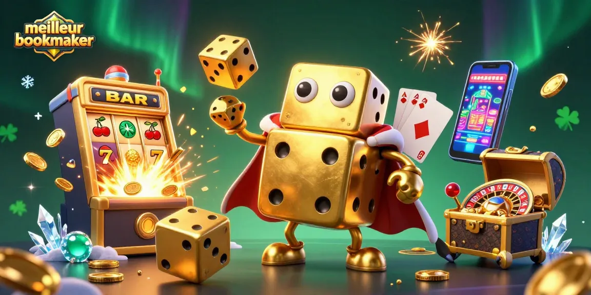 Misez avec le meilleur bookmaker dans une illustration dynamique de casino, illustrant un golem de dés et des machines à sous