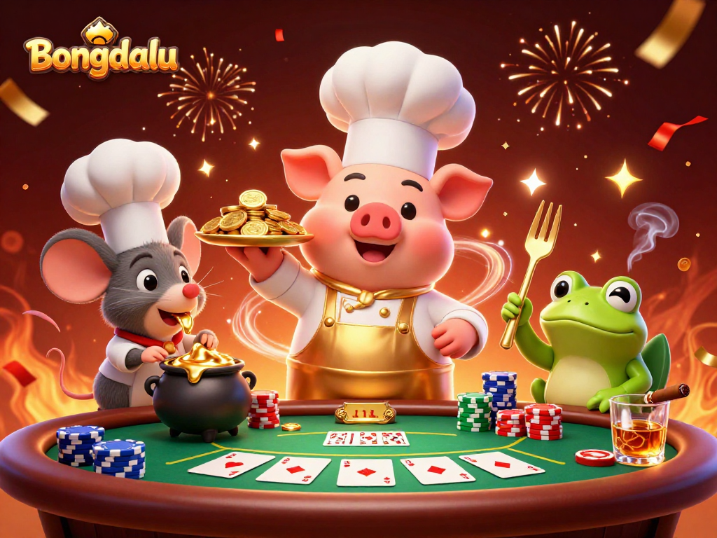 Bongdalu showcases a lively poker scene with a chef pig, sous-chef mouse, and critic frog in a festive environment.