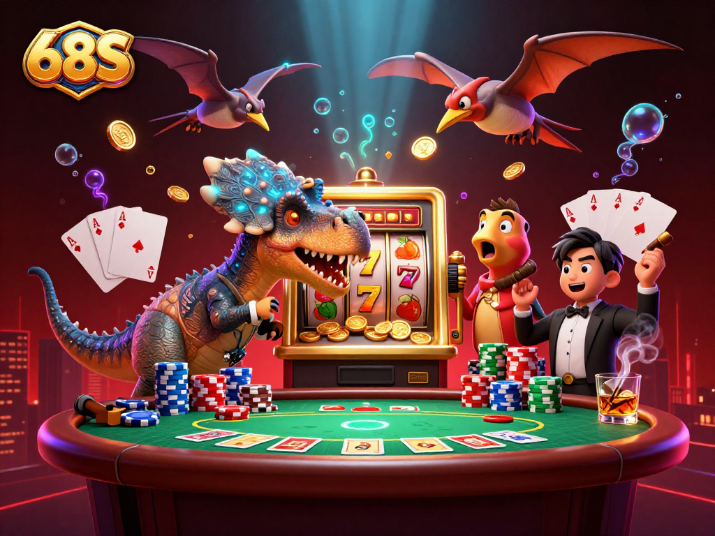 O 68S oferece uma ilustração de um dinossauro jogando em uma máquina caça-níqueis dourada, simbolizando a emoção dos jogos de cassino.