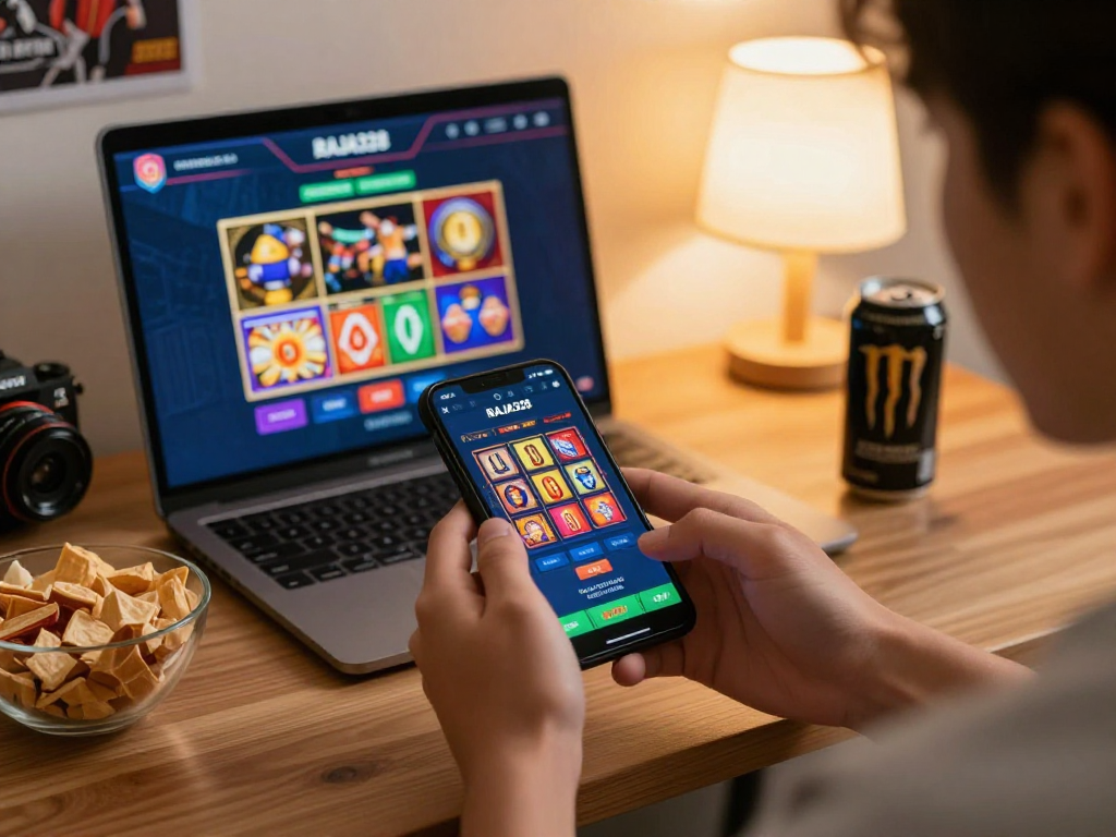 Engaging RAJA328 online gambling scene with mobile app showcasing games in a cozy home.