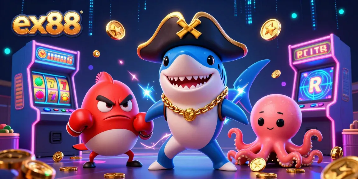 Spin the reels with ex88 in a vibrant casino scene featuring a pirate shark, pufferfish, and octopus!