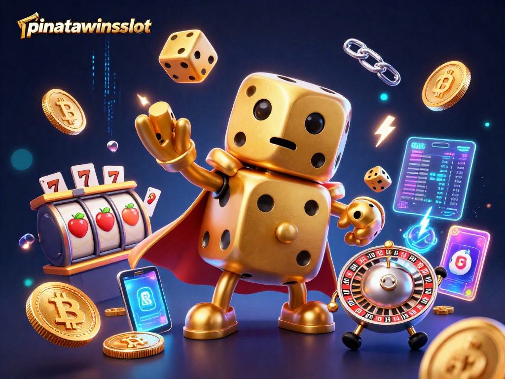 Engage with pinatawinsslot in a vibrant 3D gambling scene featuring golden dice and cheerful game elements.