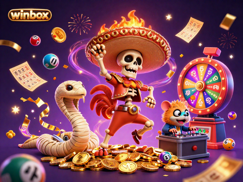 Winbox's vibrant scene showcasing a dancing skeleton mariachi rooster, a mummy snake, and a DJ hamster amidst colorful lottery elements.