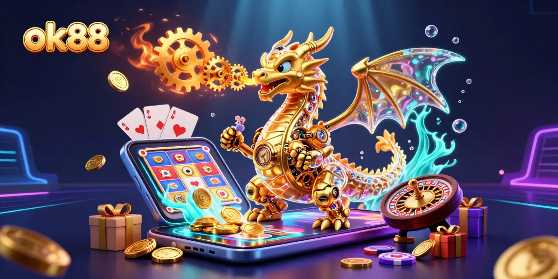 Engage in exciting gaming at ok88 with a biomechanical dragon and colorful slot elements