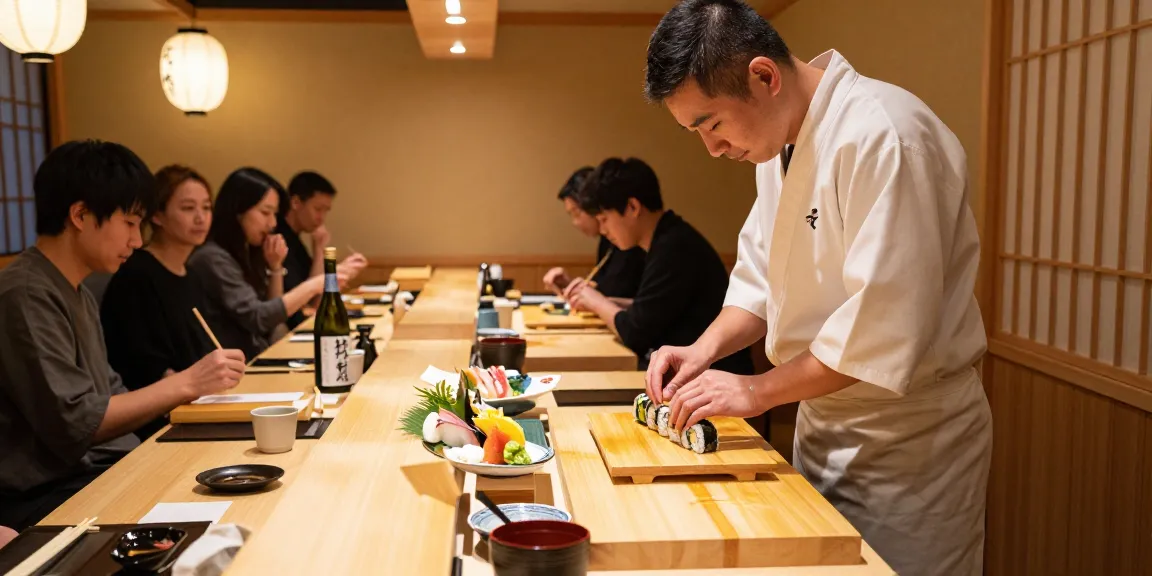 rokok88 sushi chef preparing sushi rolls in a vibrant restaurant atmosphere