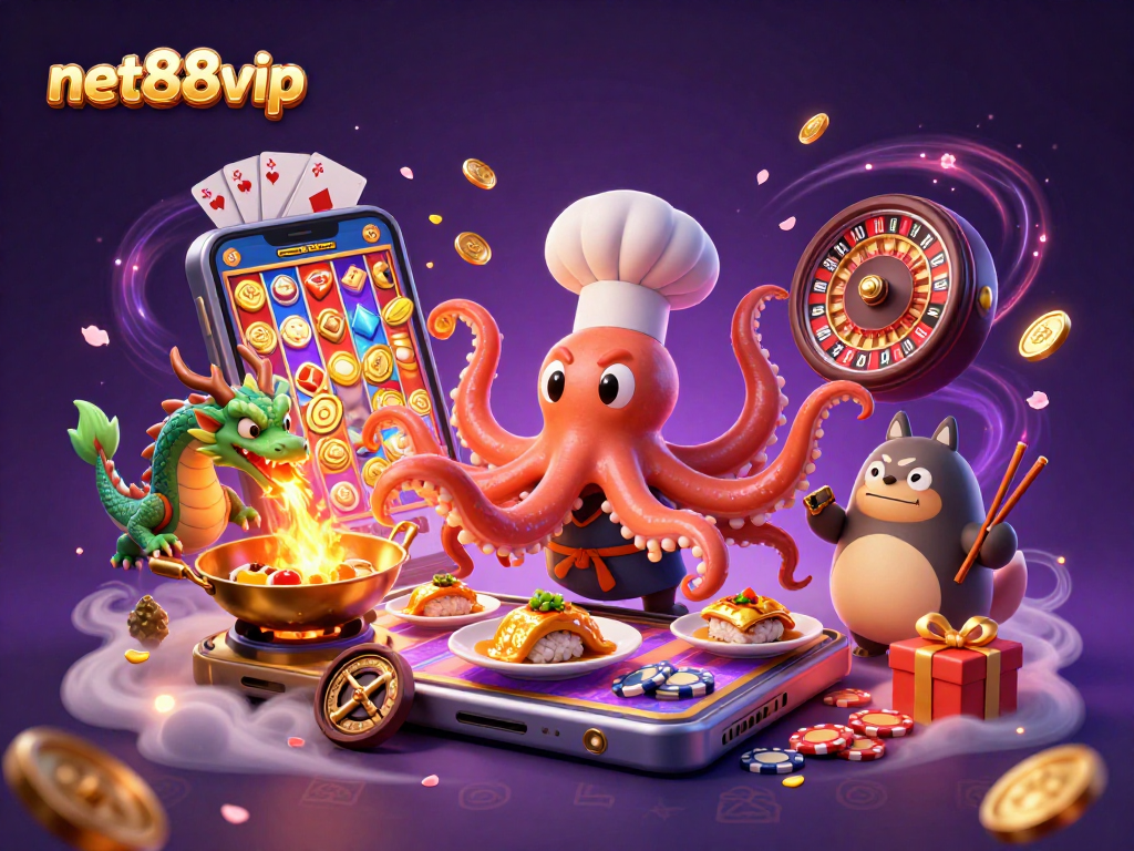 Experience the excitement of net88vip with a colorful casino scene featuring dynamic characters and games.