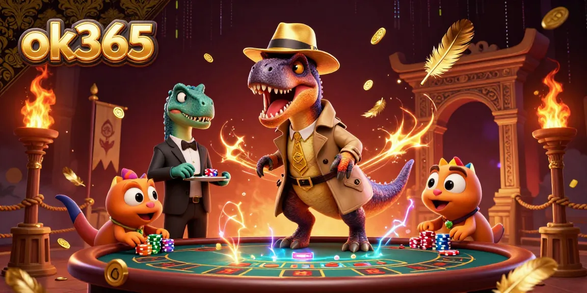 ok365 features a sneaky velociraptor at a blackjack table in a packed casino scene.