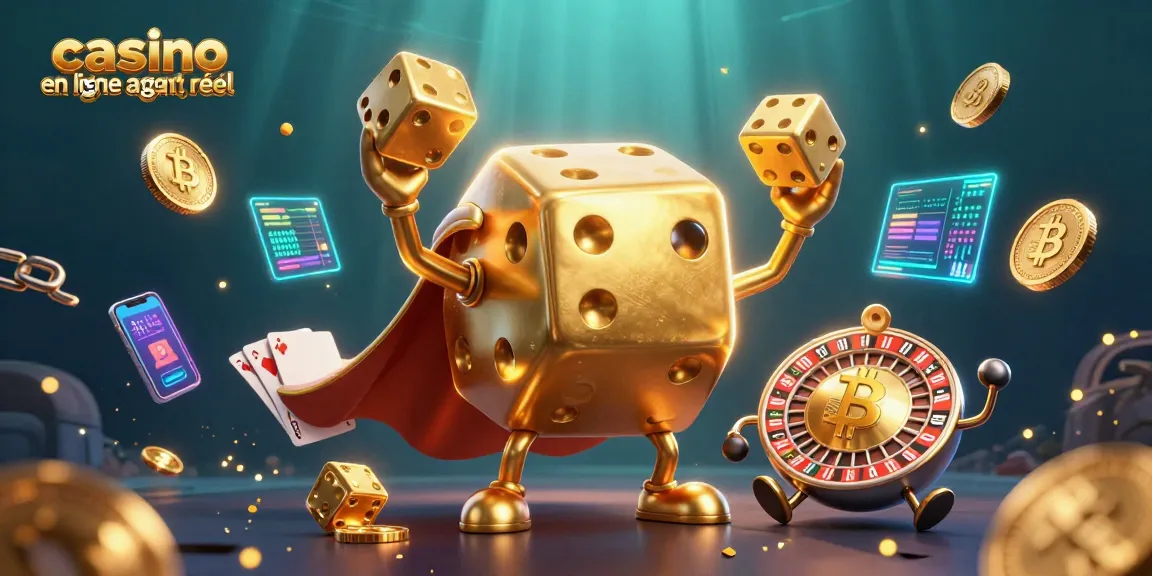 Jouer sur un casino en ligne argent réel avec des dés en or et des éléments crypto animés.