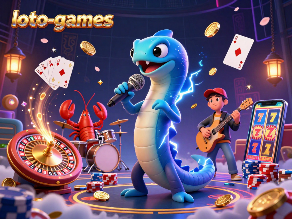Loto-games showcases an underwater casino stage with a DJ electric eel, lobster drummer, and seahorse guitarist, celebrating dynamic gambling action.