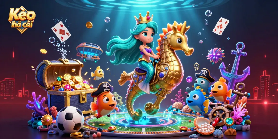 Kèo nhà cái sports betting scene with a mermaid riding a seahorse, surrounded by lively fish and sports elements.
