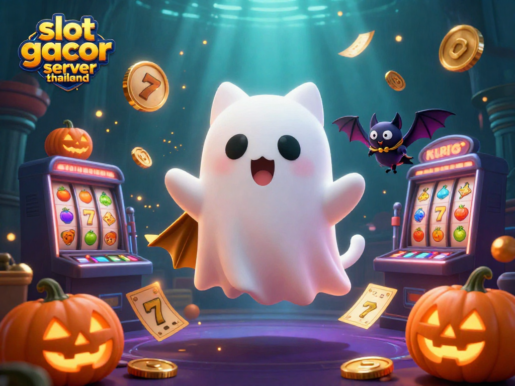 Engage in thrilling gameplay at slot gacor server thailand with the playful ghost cat amidst vibrant casino elements.