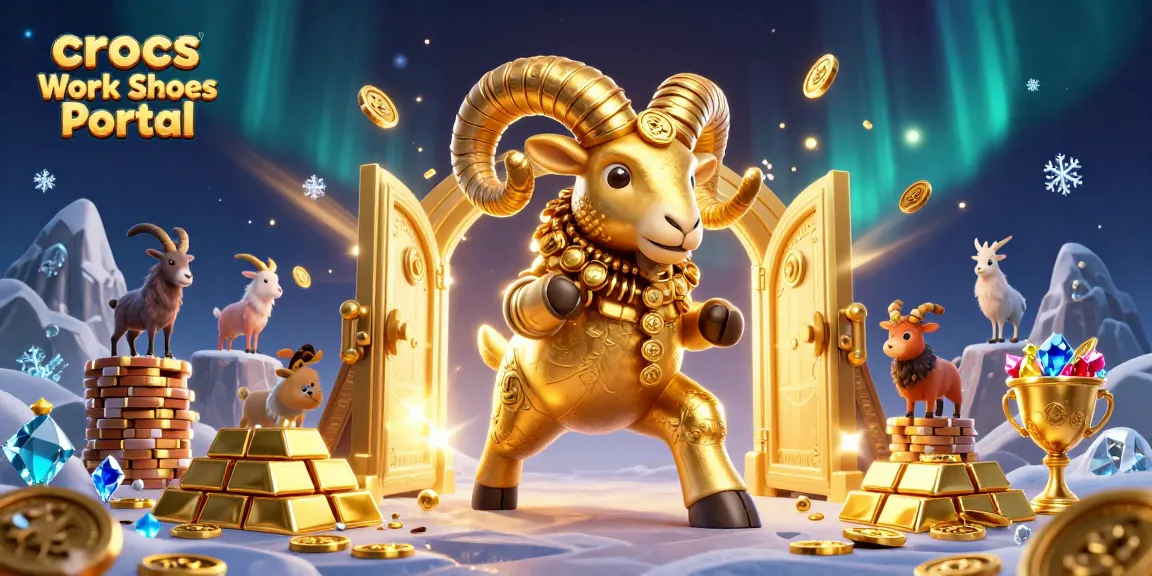 Crocs Work Shoes Portal reveals a dynamic scene of a golden ram charging with casino treasures in a vibrant 3D illustration.