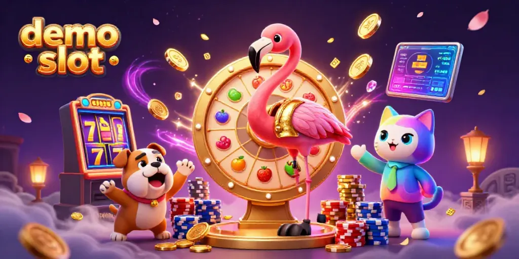 Permainan slot demo menarik dengan karakter flamingo dan bulldog, dikelilingi koin emas dan simbol buah.