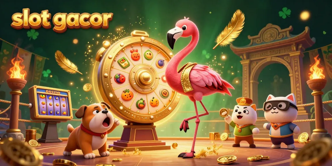 Experience thrilling slot gacor gameplay with the vibrant game show scene featuring a flamingo, bulldog, and cat amidst dynamic casino elements.