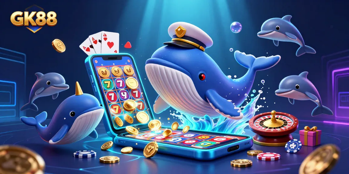 Engage with GK88 through vibrant slot game action featuring a casino whale and playful dolphins.