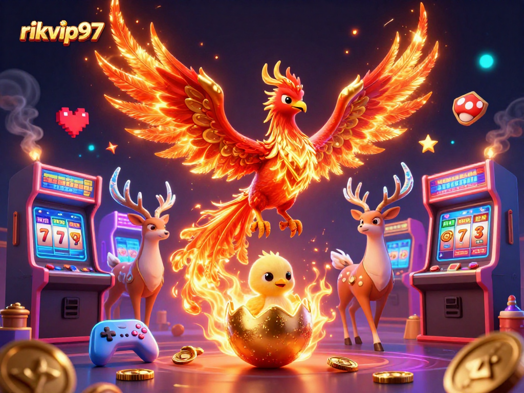 Spin the reels with rikvip97 as a phoenix rises amidst vibrant casino elements.