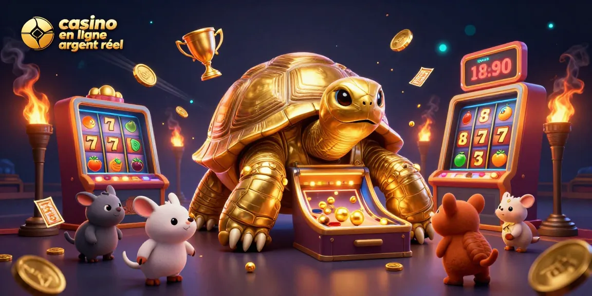 Jouer à des jeux de casino en ligne argent réel avec une tortue en pinball et des symboles de jackpot.