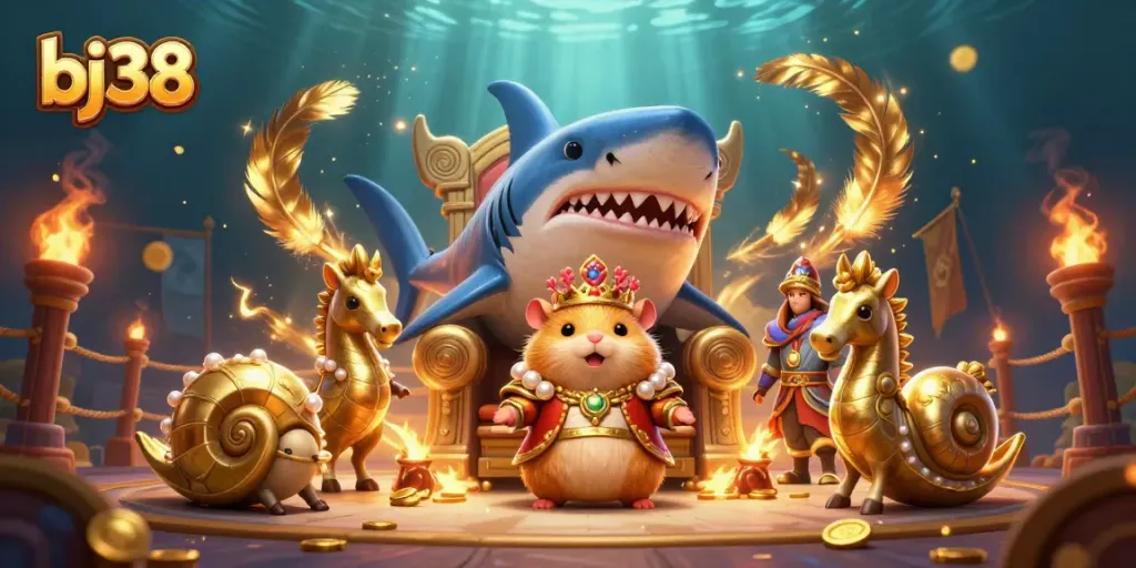 Get immersed in the bj38 experience with a dramatic scene featuring a hamster king ruling from a shark throne.