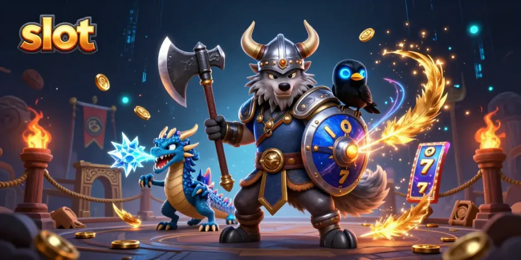 Spin the slot reels with Viking warrior and dragon in a dynamic casino scene.