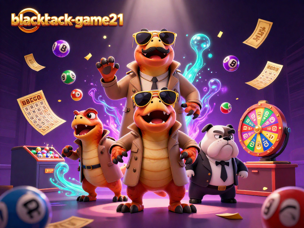 Experience the thrill of blackjack-game21 with raptors in a trench coat entering a casino, full of colorful lottery elements.