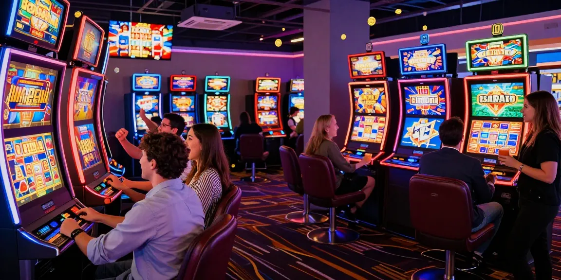 Friends enjoying a thrilling slot gaming experience in a vibrant casino atmosphere.
