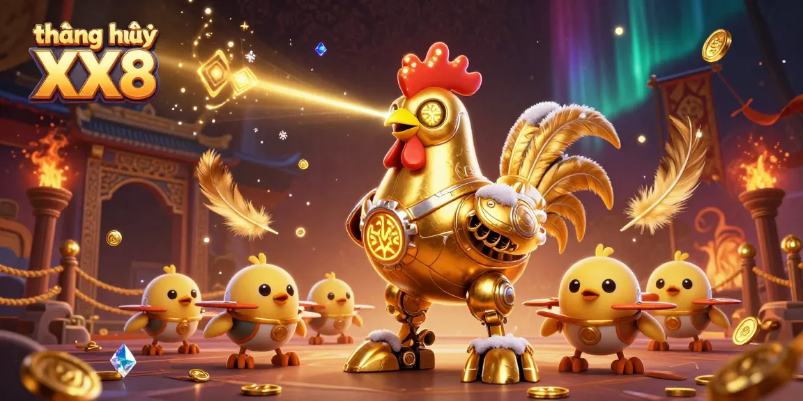 Win big at thương hiệu XX8 with vibrant casino-themed 3D illustration featuring a golden robot and baby chick drones.