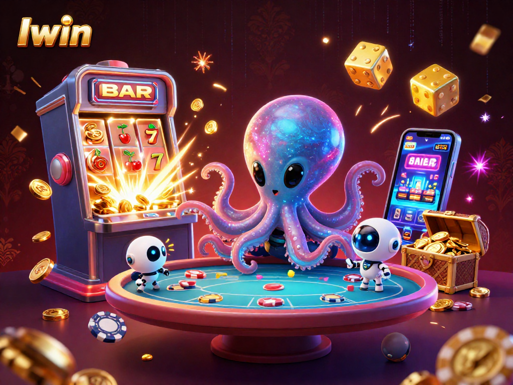 Iwin ignites excitement as a cartoon octopus and robot prepare for a thrilling casino game.
