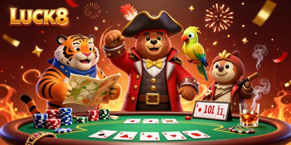 Experience exciting gameplay at LUCK8 with an entertaining poker scene featuring vibrant characters.