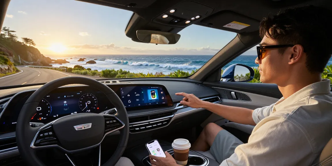The Cadillac Lyriq on a coastal road highlights how driving modes in Cadillac Lyriq offer different ranges or battery usages, showcasing dynamic driving and technology.
