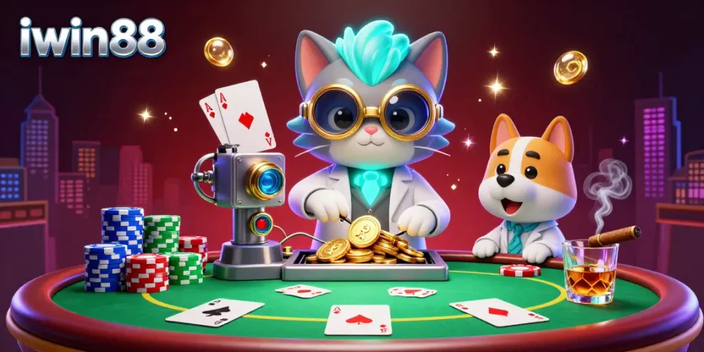 Experience the vibrant action at iwin88 with the mad scientist cat and dog creating wealth amidst poker excitement.