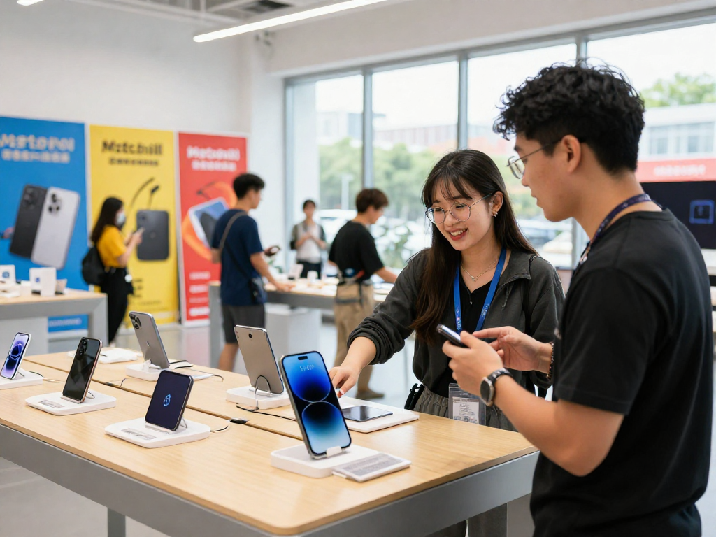 Customer exploring the Motchill tech products in a vibrant retail environment, highlighting excitement and interaction.